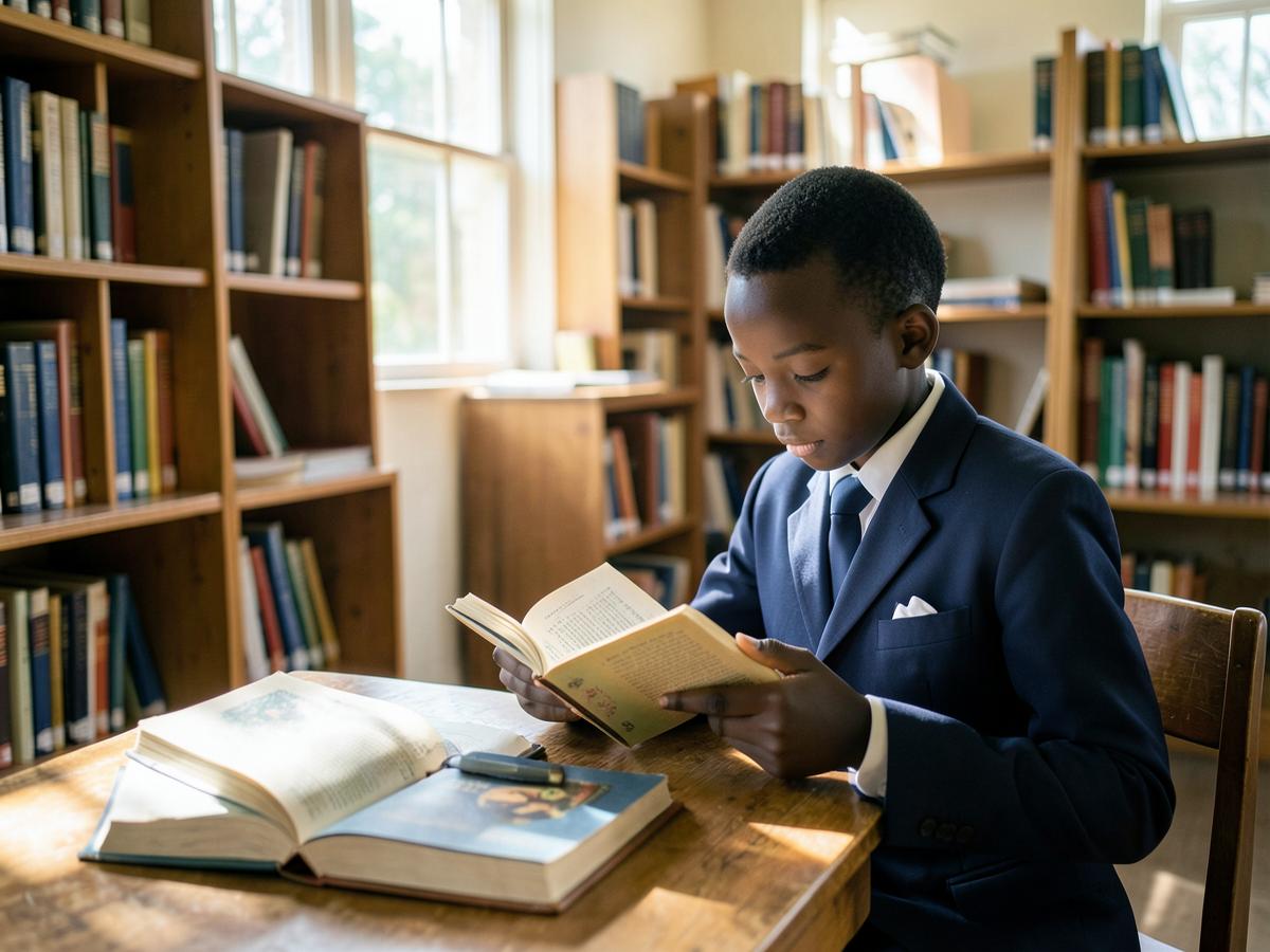 A learner reading independently in the library at Millbrook International School
