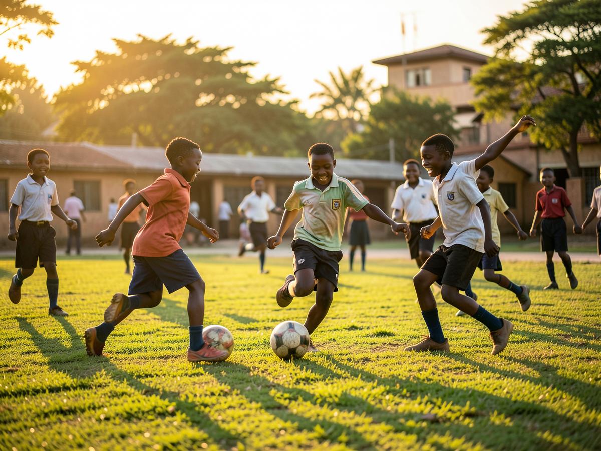 Learners playing football on the school field at Millbrook International School, Embu