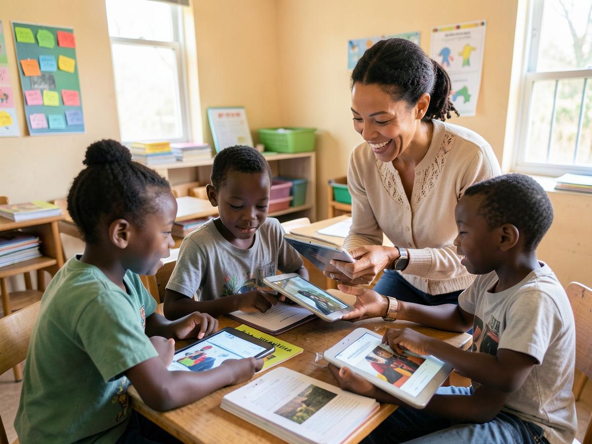 A teacher supporting a small group of learners at Millbrook International School